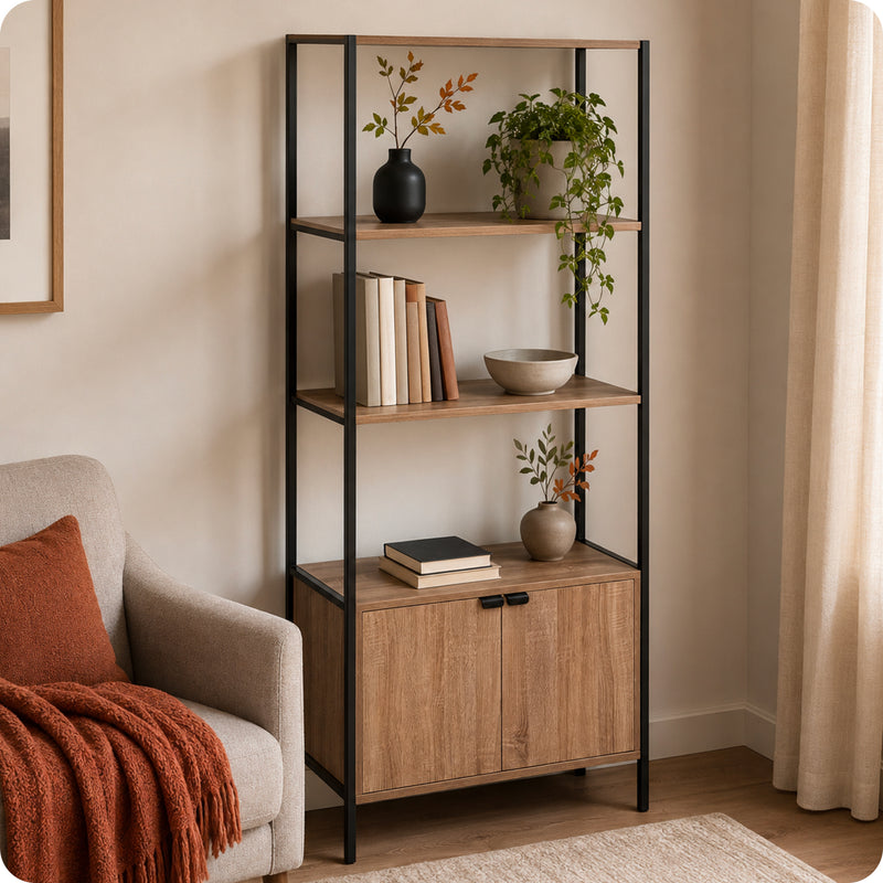 Bücherregal Regal mit 2 Fächern und Unterschrank 68x35x176cm Schwarz