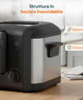 Friggitrice Elettrica 3L in Acciaio Inox, Filtro Antiodore e Termostato Regolabile