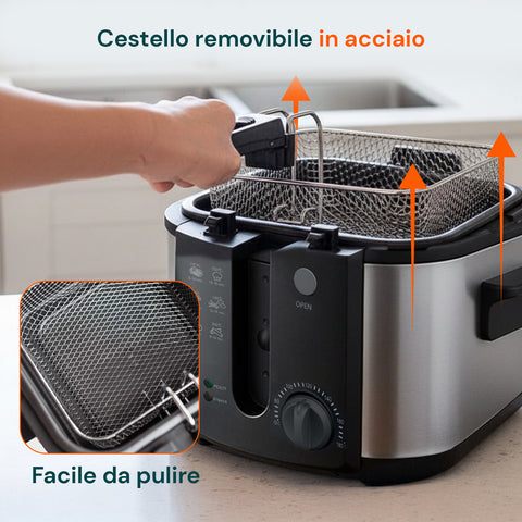 Friggitrice Elettrica 3L in Acciaio Inox, Filtro Antiodore e Termostato Regolabile