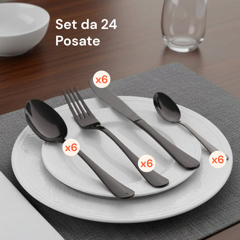 Posate Sibilla – Set da 24 in Acciaio Inox Satinato Nero Elegante