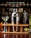 Set Cocktail 6 Pezzi con Supporto in Legno - Shaker e Accessori Bar