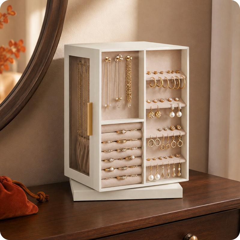 360° drehbarer Schmuck-Organizer mit Schubladen, Haken und Samtbezug
