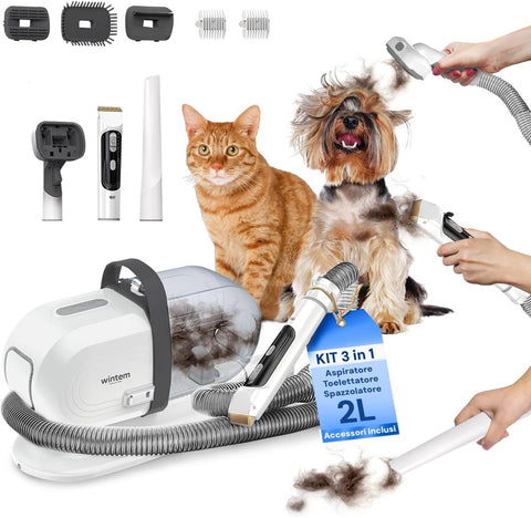 Pet Grooming Set con Aspirazione, Taglio Pelo e Spazzolatore 350W