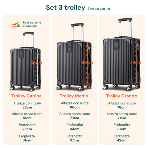 Set 3 Trolley 56/66/76cm Nero in ABS