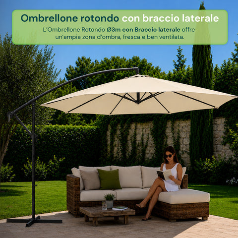 Ombrellone Rotondo Ø3m Decentrato Braccio Laterale in Acciaio, Manovella, Poliestere 180gr Impermeabile UV per Giardino e Terrazzo