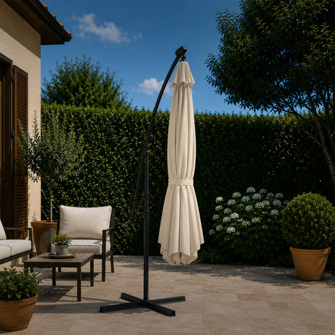 Ombrellone Rotondo Ø3m Decentrato Braccio Laterale in Acciaio, Manovella, Poliestere 180gr Impermeabile UV per Giardino e Terrazzo