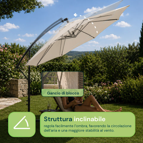 Ombrellone Rotondo Ø3m Decentrato Braccio Laterale in Acciaio, Manovella, Poliestere 180gr Impermeabile UV per Giardino e Terrazzo