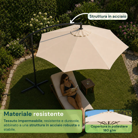 Ombrellone Rotondo Ø3m Decentrato Braccio Laterale in Acciaio, Manovella, Poliestere 180gr Impermeabile UV per Giardino e Terrazzo