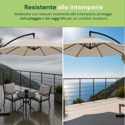 Ombrellone Rotondo Ø3m Decentrato Braccio Laterale in Acciaio, Manovella, Poliestere 180gr Impermeabile UV per Giardino e Terrazzo