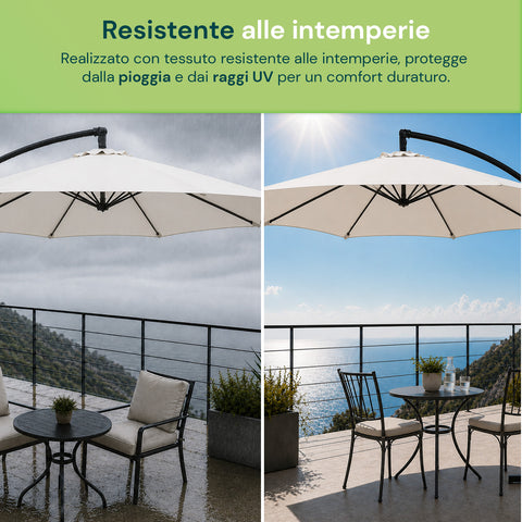 Ombrellone Rotondo Ø3m Decentrato Braccio Laterale in Acciaio, Manovella, Poliestere 180gr Impermeabile UV per Giardino e Terrazzo
