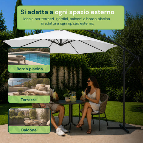 Ombrellone Rotondo Ø3m Decentrato Braccio Laterale in Acciaio, Manovella, Poliestere 180gr Impermeabile UV per Giardino e Terrazzo