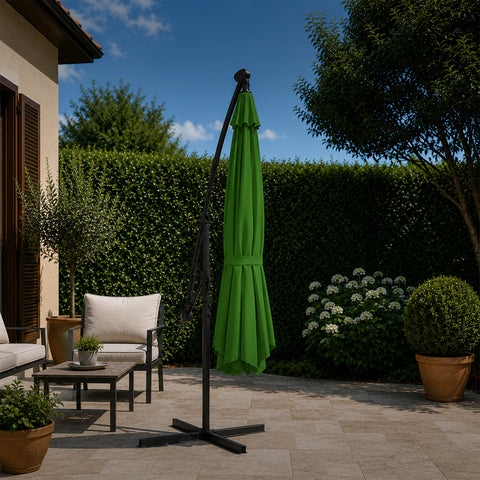 Ombrellone Rotondo Ø3m Decentrato Braccio Laterale in Acciaio, Manovella, Poliestere 180gr Impermeabile UV per Giardino e Terrazzo