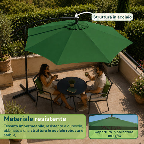 Ombrellone Rotondo Ø3m Decentrato Braccio Laterale in Acciaio, Manovella, Poliestere 180gr Impermeabile UV per Giardino e Terrazzo