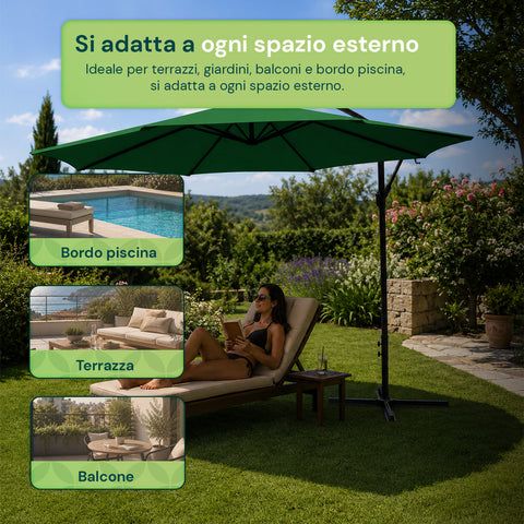 Ombrellone Rotondo Ø3m Decentrato Braccio Laterale in Acciaio, Manovella, Poliestere 180gr Impermeabile UV per Giardino e Terrazzo