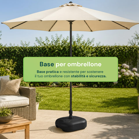 Base per Ombrellone da Giardino 20L in PP – Supporto Riempibile con Acqua o Sabbia – Per Pali ø22-32mm e Ombrelloni fino a 2,2m – Dimensioni 44x44x14cm – Facile Montaggio e Pulizia