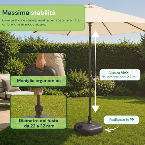 Base per Ombrellone da Giardino 20L in PP – Supporto Riempibile con Acqua o Sabbia – Per Pali ø22-32mm e Ombrelloni fino a 2,2m – Dimensioni 44x44x14cm – Facile Montaggio e Pulizia