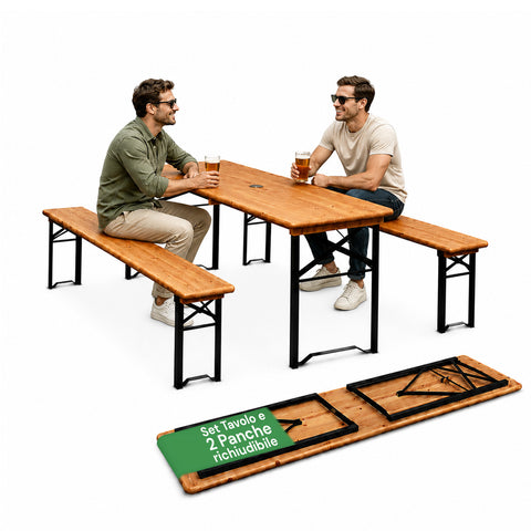 Gartentisch- und 2 Klappbank-Set 120cm / 180cm aus Holz mit Eisenrahmen und Schirmloch 5cm – Tischbelastbarkeit 200kg