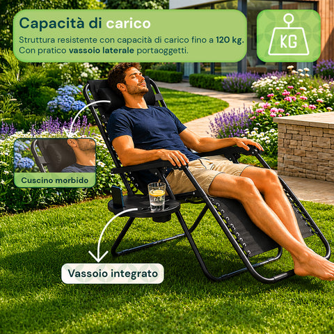 Sedia da Giardino Pieghevole con Vassoio Laterale – Portata 120kg – Struttura in Ferro e Tessuto Teslin