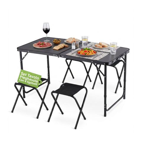 Klappbarer Camping-Tisch mit 4 Hockern – Leichte und robuste Aluminiumstruktur – Tisch in 3 Höhen verstellbar – Belastbarkeit 50kg/100kg – Platzsparendes Kofferdesign