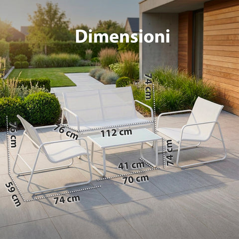 Set Lounge da Esterno 4 Pezzi – Salotto da Giardino con 2 Sedie, Divanetto e Tavolino – Struttura in Ferro e Seduta in Textilene – Portata 240kg/120kg