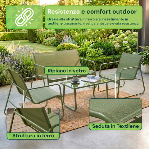 Set Lounge da Esterno 4 Pezzi – Salotto da Giardino con 2 Sedie, Divanetto e Tavolino – Struttura in Ferro e Seduta in Textilene – Portata 240kg/120kg