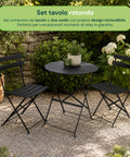 Set Tavolo e 2 Sedie Richiudibili in Ferro da Giardino – Tavolo Rotondo ø 60cm e 2 Sedie Salvaspazio – Portata 150kg/100kg