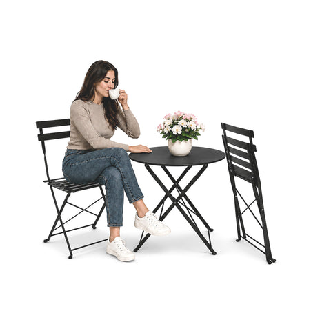 Set Gartentisch und 2 Klappstühle aus Eisen – Runder Tisch ø 60cm und 2 platzsparende Stühle – Traglast 150kg/100kg