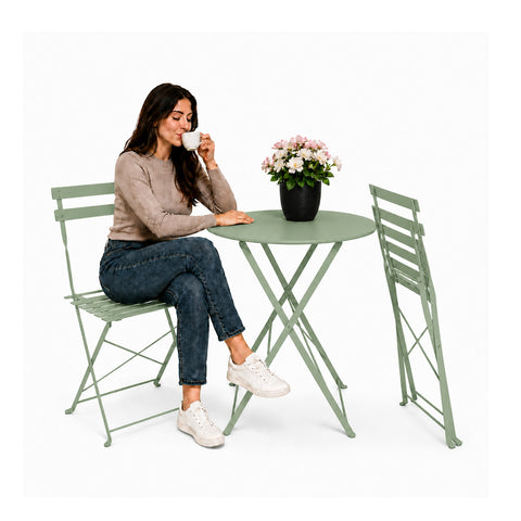 Set Tavolo e 2 Sedie Richiudibili in Ferro da Giardino – Tavolo Rotondo ø 60cm e 2 Sedie Salvaspazio – Portata 150kg/100kg