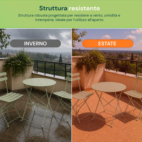 Set Tavolo e 2 Sedie Richiudibili in Ferro  da Giardino – Tavolo Rotondo ø 60cm e 2 Sedie Salvaspazio – Portata 150kg/100kg