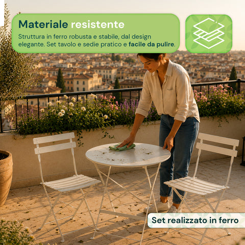 Set Tavolo e 2 Sedie Richiudibili in Ferro  da Giardino – Tavolo Rotondo ø 60cm e 2 Sedie Salvaspazio – Portata 150kg/100kg