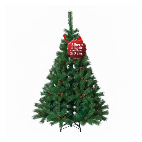 Albero di Natale Verde Realistico con Pigne e Base in Metallo – 150/180/210 cm
