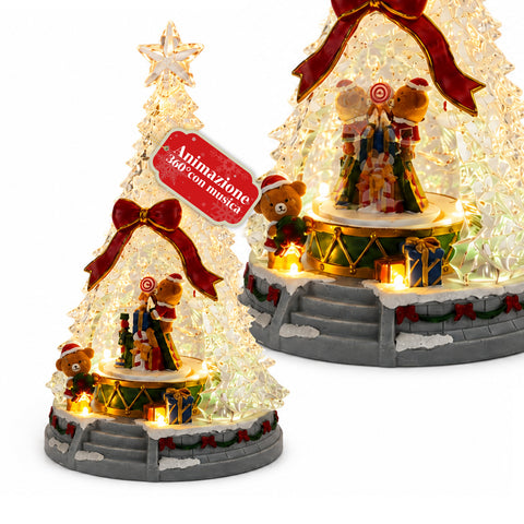 Beleuchteter JoyTree-Weihnachtsbaum mit Musik und 360°-Animation, LED-Lichtern, Szene mit Teddybären und Nussknackern, dualer USB-Stromversorgung, 32,5 cm