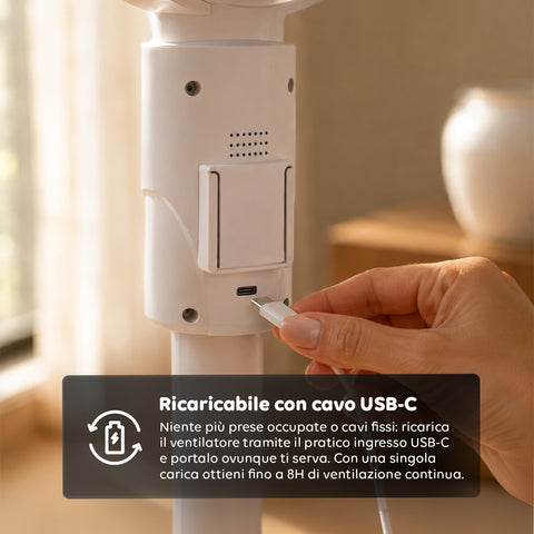 Ventilatore a Piantana Ricaricabile – 3 Altezze, Telecomando e Aromaterapia