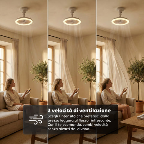 Ventilatore da Soffitto con Luce LED 10W Dimmerabile – 3 Velocità, Timer 4h e Telecomando – Diametro 25cm, Attacco E27, Potenza 55W – Luce Calda, Naturale e Fredda – Silenzioso
