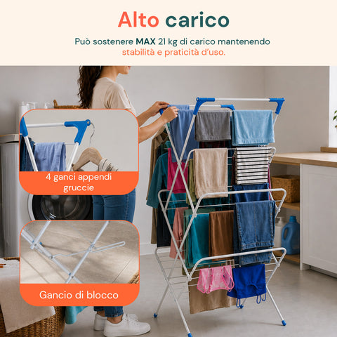 Stendibiancheria in Acciaio 61x44x138cm – Verticale, 4 Ganci e Pieghevole