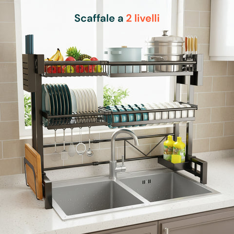 Organizer Cucina 2 Livelli Espandibile con Scolapiatti e Accessori Inclusi