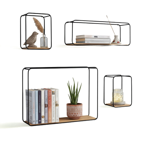 Set 4 Mensole da Parete Design Minimal con Ripiano in MDF e Struttura in Acciaio