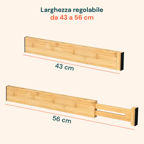 Separatori per Cassetti in Bamboo Regolabili con Molla - Set 4 Pezzi