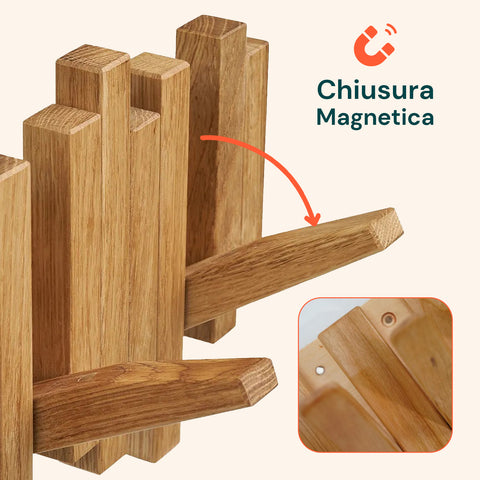 Appendiabiti da Parete in Legno con 6 Ganci Ribaltabili a Scomparsa