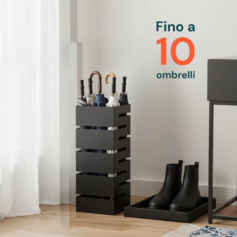 Portaombrelli Moderno Nero in Metallo con 2 Ganci e Vaschetta Scolagocce