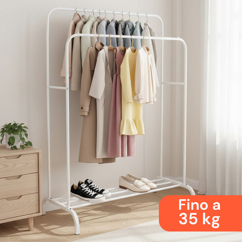 Appendiabiti con Doppia Asta in Metallo Bianco con Ripiano Porta Scarpe