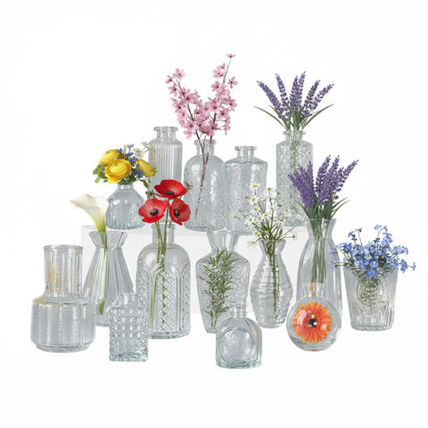 Set aus 15 transparenten Glasvasen für Blumen und Tafelaufsätze, verschiedene Formen und Größen