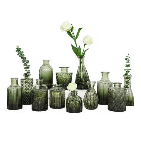 Set 12 Vasi Decorativi in Vetro con Forme e Misure Assortite per Fiori e Centrotavola