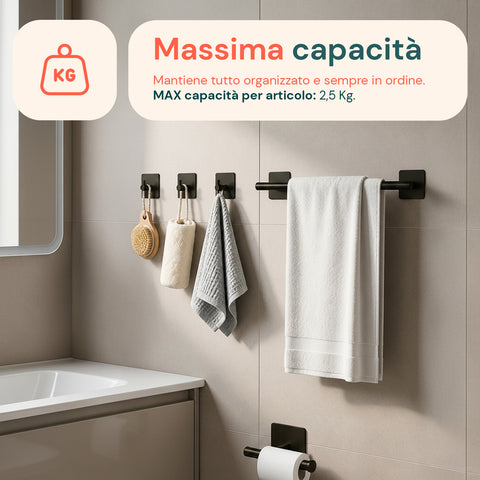 Set mit 5 selbstklebenden schwarzen Badaccessoires aus Edelstahl, Tragfähigkeit 2,5 kg - inklusive Toilettenpapierhalter und Handtuchhaken
