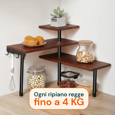 Scaffale Angolare in Bambù 3 Ripiani con Ganci Portaoggetti