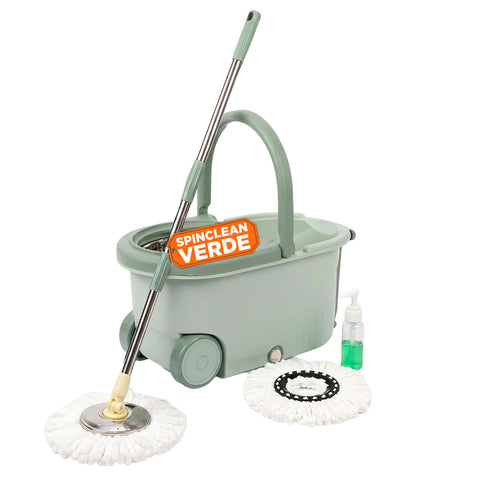 Kit Mocio Rotante 360° con Secchio 14L - 46x27x22cm e Centrifuga in Acciaio – Include 2 Testine in Microfibra, Dosatore Sapone e Asta Telescopica – Set Lavapavimenti Universale con Ruote e Scarico