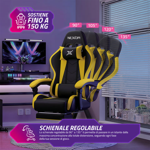 Neigbarer Gaming-Stuhl mit ausziehbarer Fußstütze, Lendenkissen und Kopfstütze