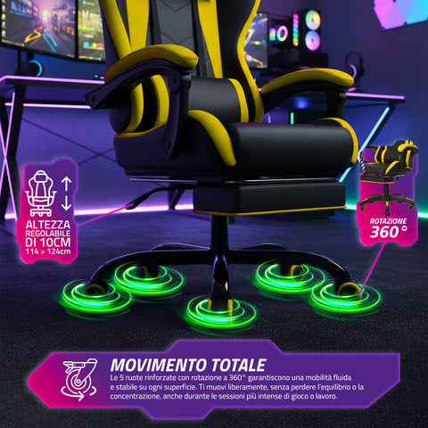 Neigbarer Gaming-Stuhl mit ausziehbarer Fußstütze, Lendenkissen und Kopfstütze