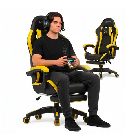 Neigbarer Gaming-Stuhl mit ausziehbarer Fußstütze, Lendenkissen und Kopfstütze