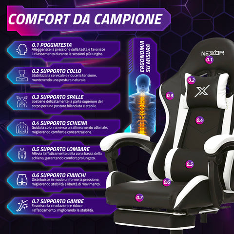 Neigbarer Gaming-Stuhl mit ausziehbarer Fußstütze, Lendenkissen und Kopfstütze